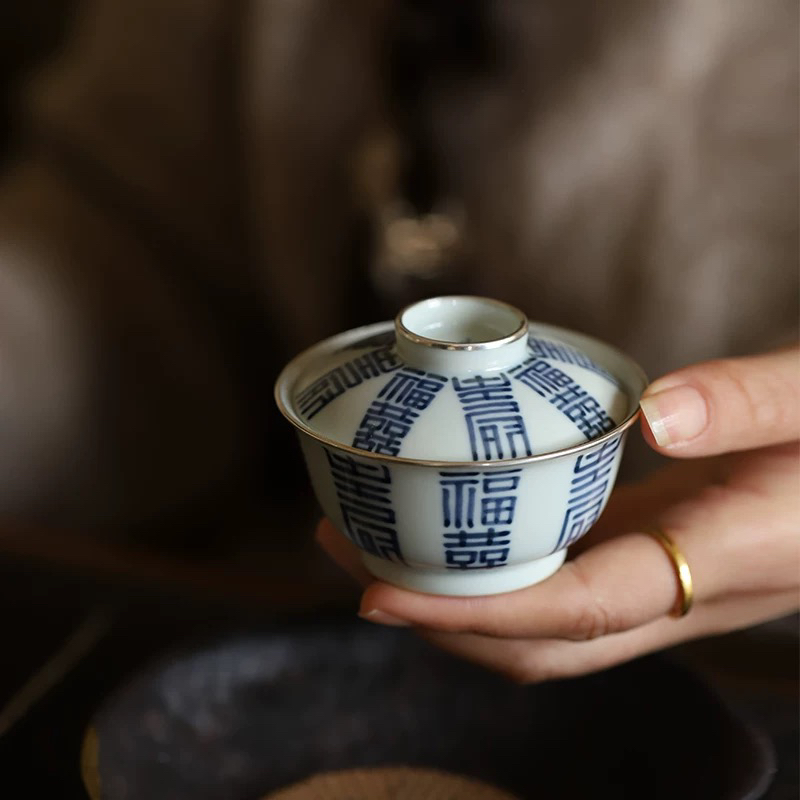 【云由山坊】青花福喜寿手工盖碗65ml银口小号泡茶碗景德镇二才盖碗