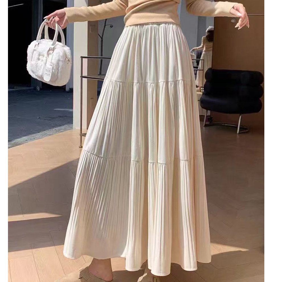 垂感压褶丝绒拼接半身裙2025秋冬高腰显瘦百褶裙长款A字大摆伞裙