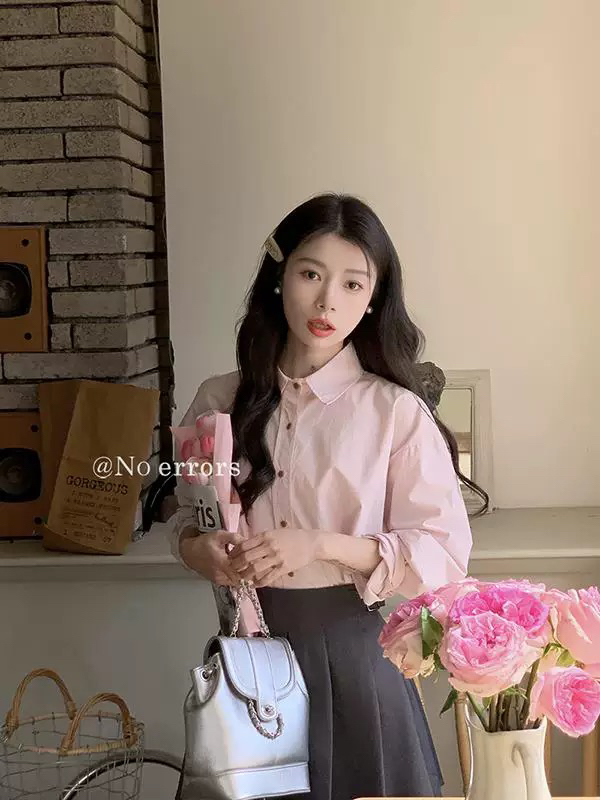 甜美打底衫粉色长袖衬衫女秋冬多巴胺衬衣宽松显瘦叠穿上衣春