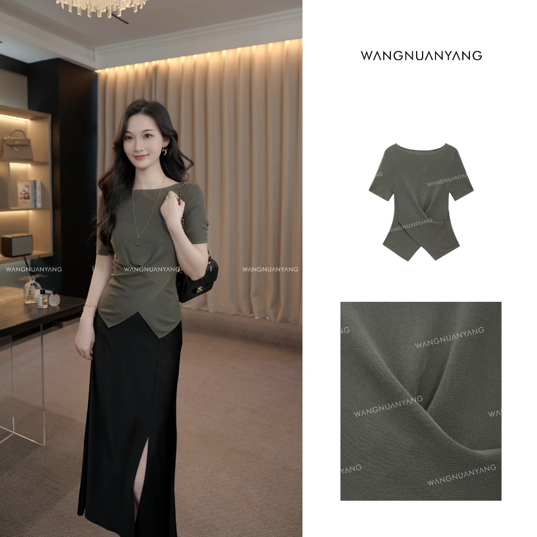 【王暖阳】纸片人3.0|夏季凉感不规则衣摆交叉收腰短袖针织衫Q