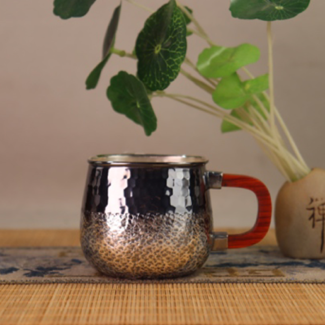 手工锤纹木柄四方银主人杯茶杯咖啡杯