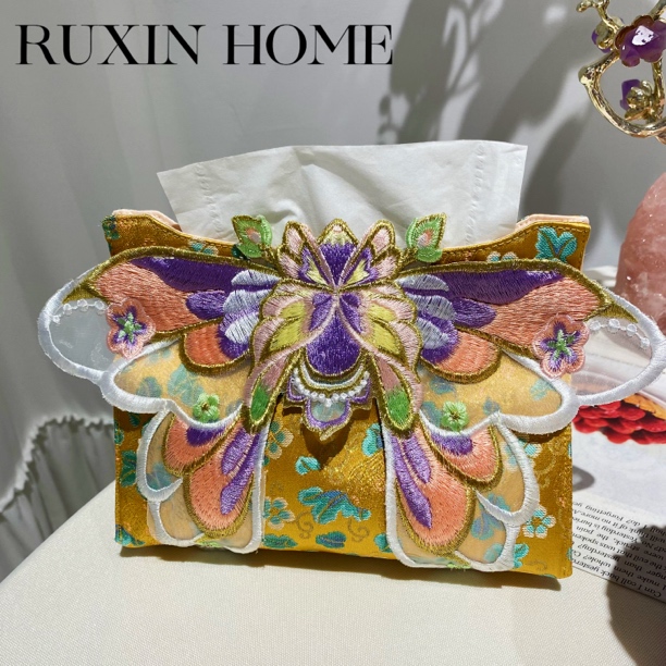 如馨·金色欧根纱蝴蝶纸巾包花朵抽纸盒布艺