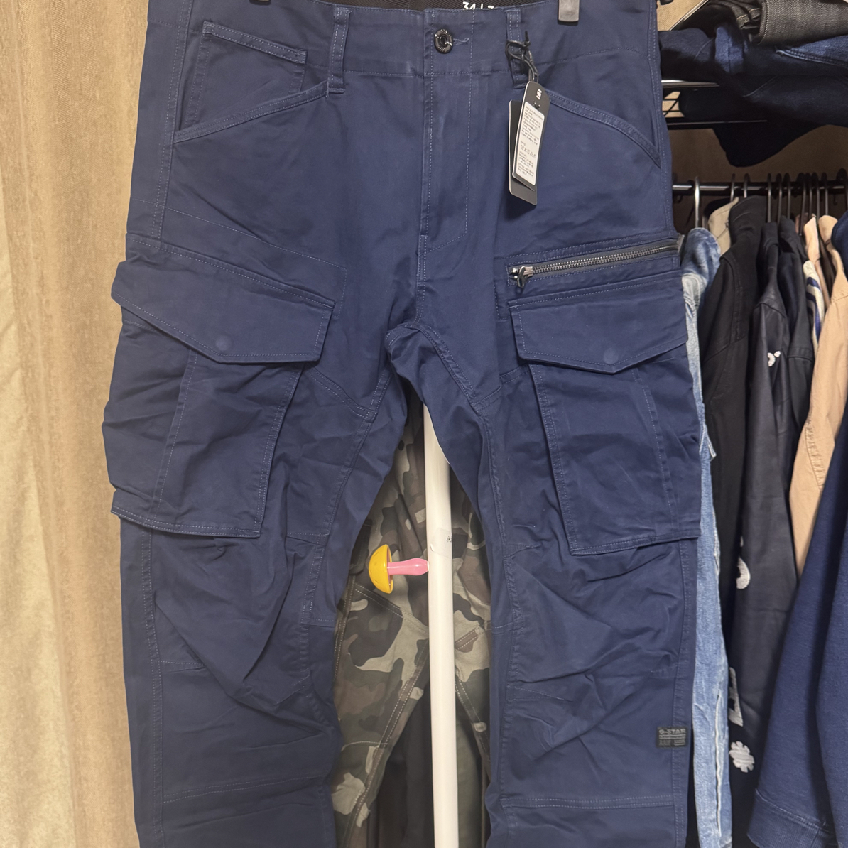 gs 黑色/蓝色工装多口袋弹力宽松直筒休闲长裤男士户外耐磨