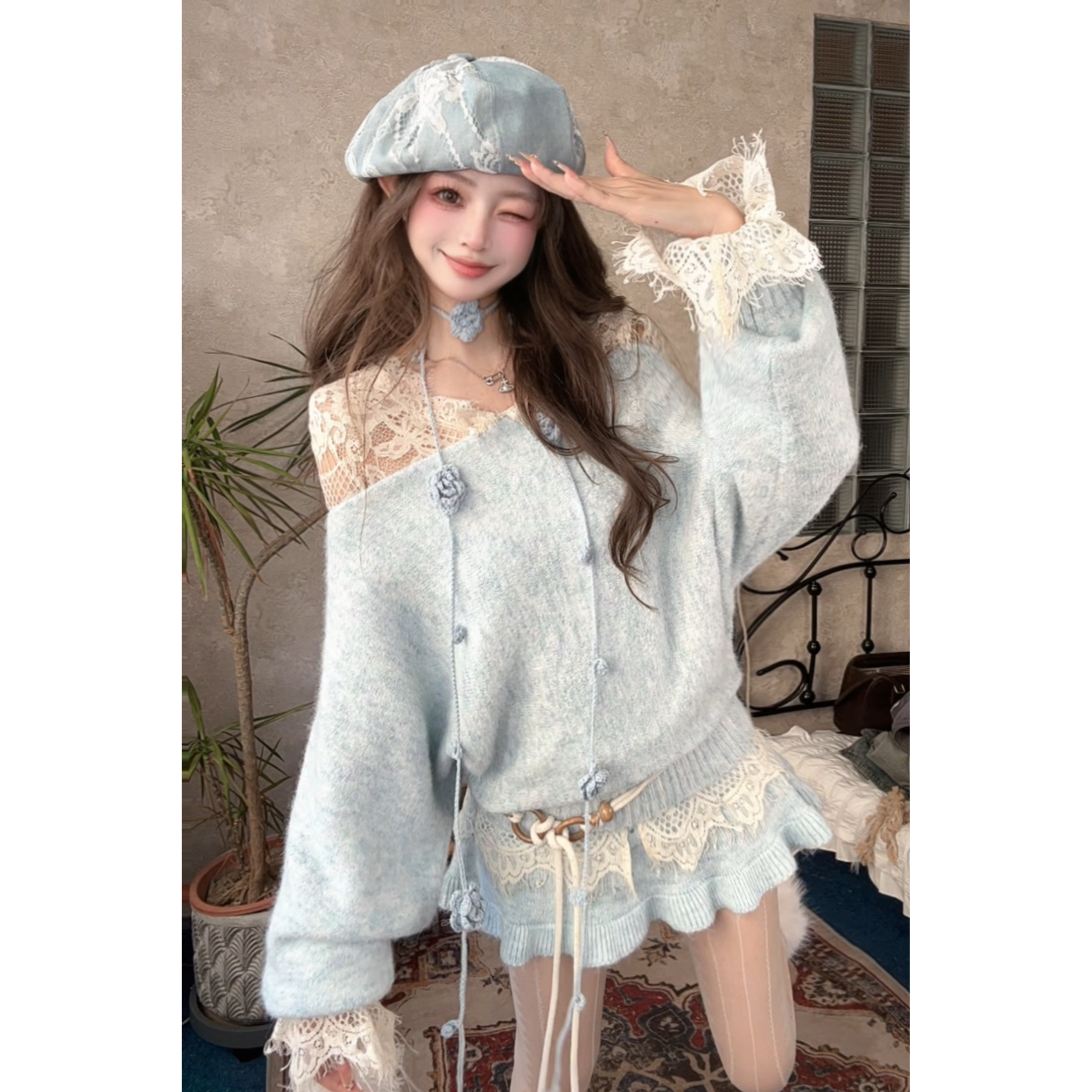 ｛奶思冰蓝｝蓝色慵懒气质法式针织一字肩毛衣女秋冬款 显瘦百搭