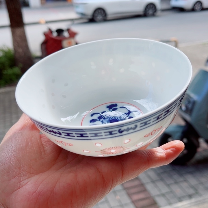 青花玲珑5寸饭碗釉里红