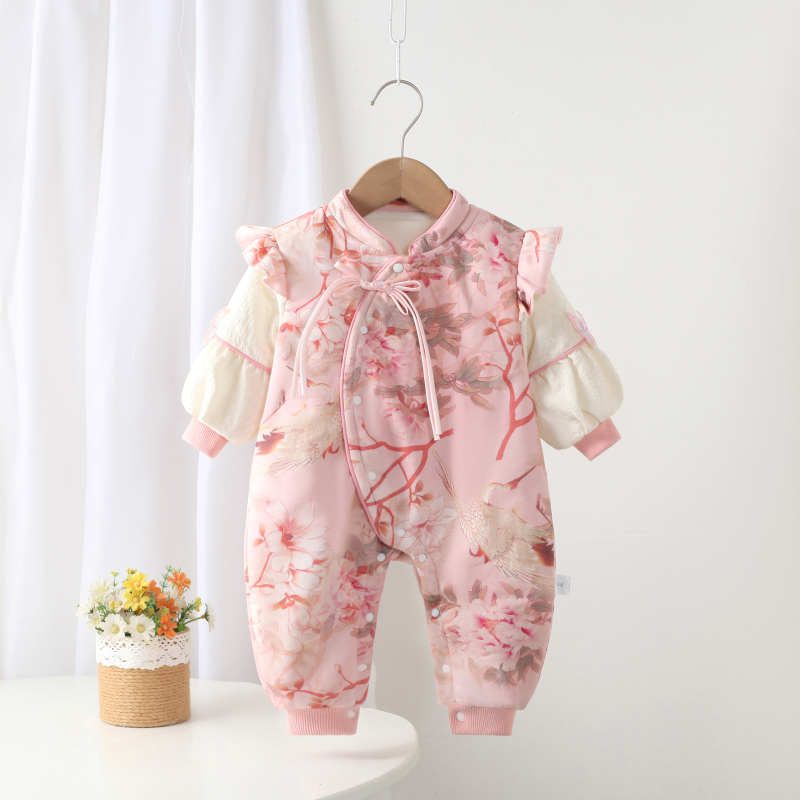 婴儿连体衣国风夹棉加厚保暖棉衣新生儿爬服宝宝衣服冬装外出服