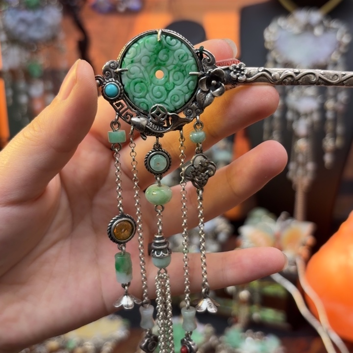 翡翠银S925镶嵌颈饰发簪