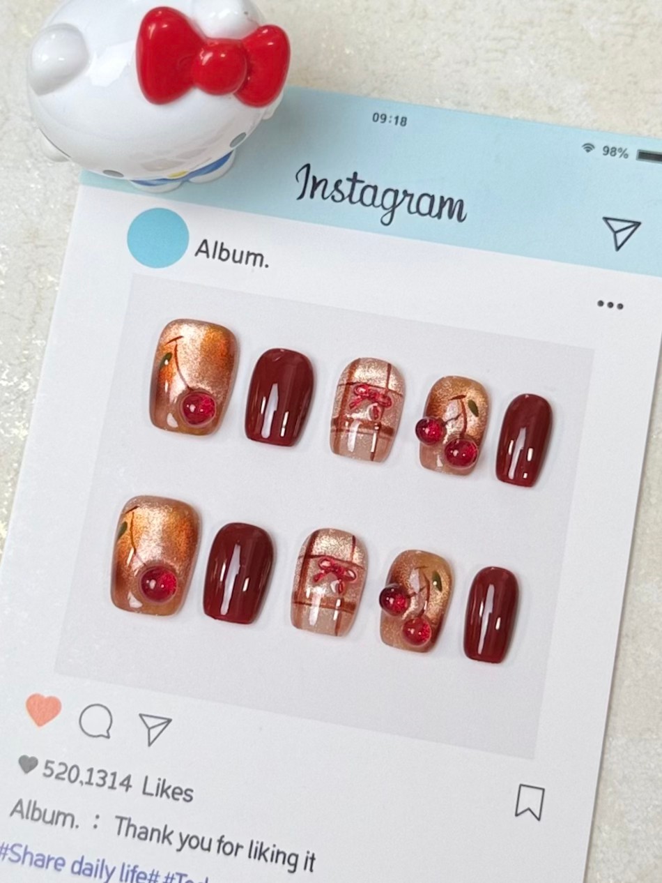 7·Orange【红了樱桃】红色立体手绘猫眼氛围感手工穿戴甲穿戴式美甲