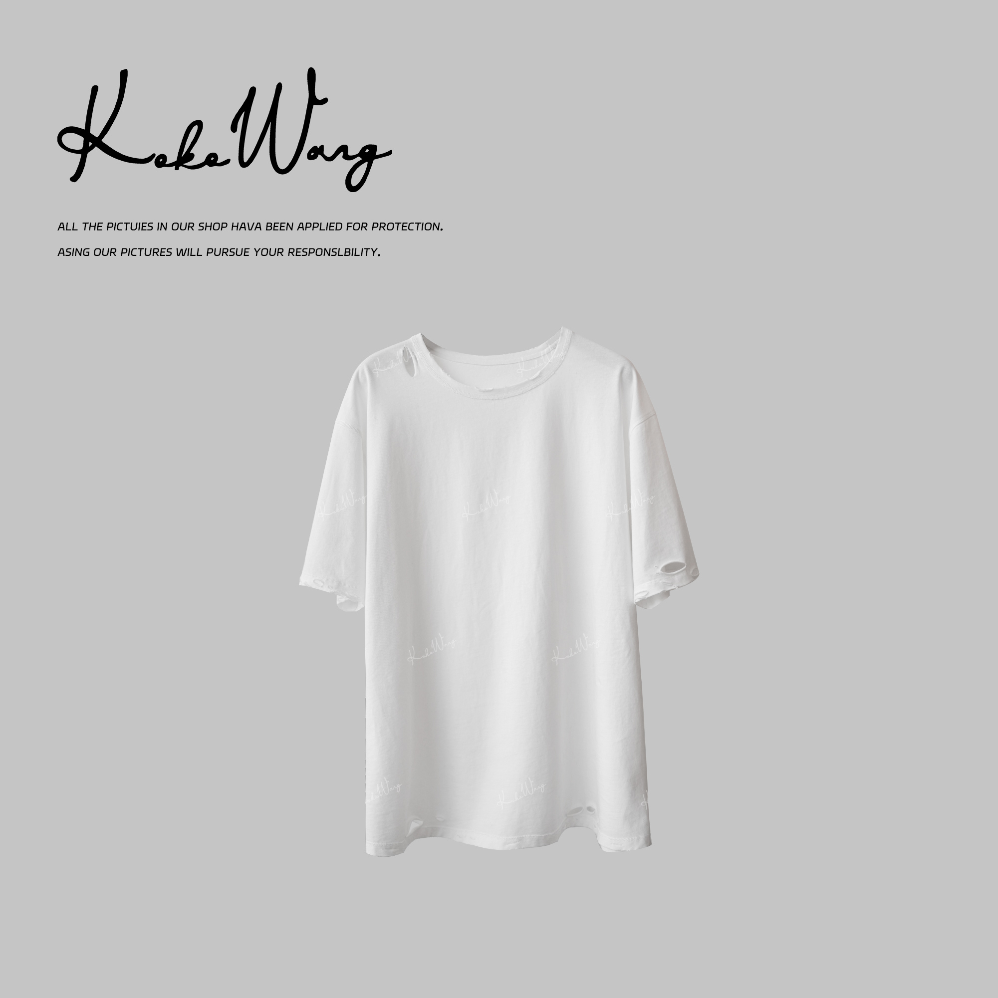 KOKO WANG新款时尚气质做旧破洞纯色圆领短百搭T恤N2445H15T41