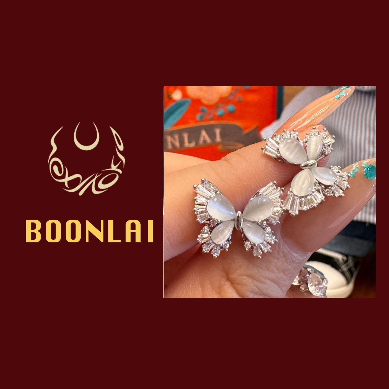 铜合金莫桑石耳饰 Boonlai 满钻白色蝴蝶耳环1448