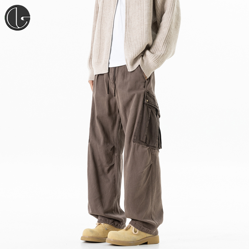 立体袋工装男裤水洗做旧休闲风质感直筒裤春秋宽松时尚斜纹纯棉裤