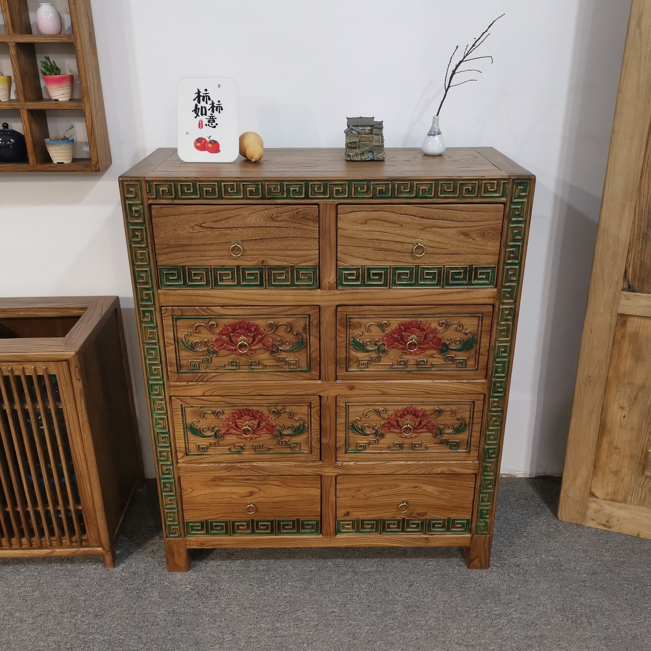 侘寂风八斗柜抽屉式储物柜收纳柜家用客厅老榆木斗柜老门板五斗柜