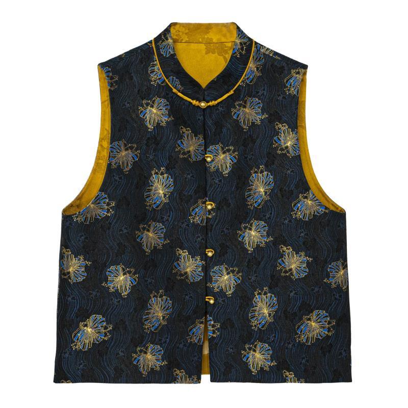 【北萱】新中式宋锦桑蚕丝立领马甲中国风复古气质百搭女装25255