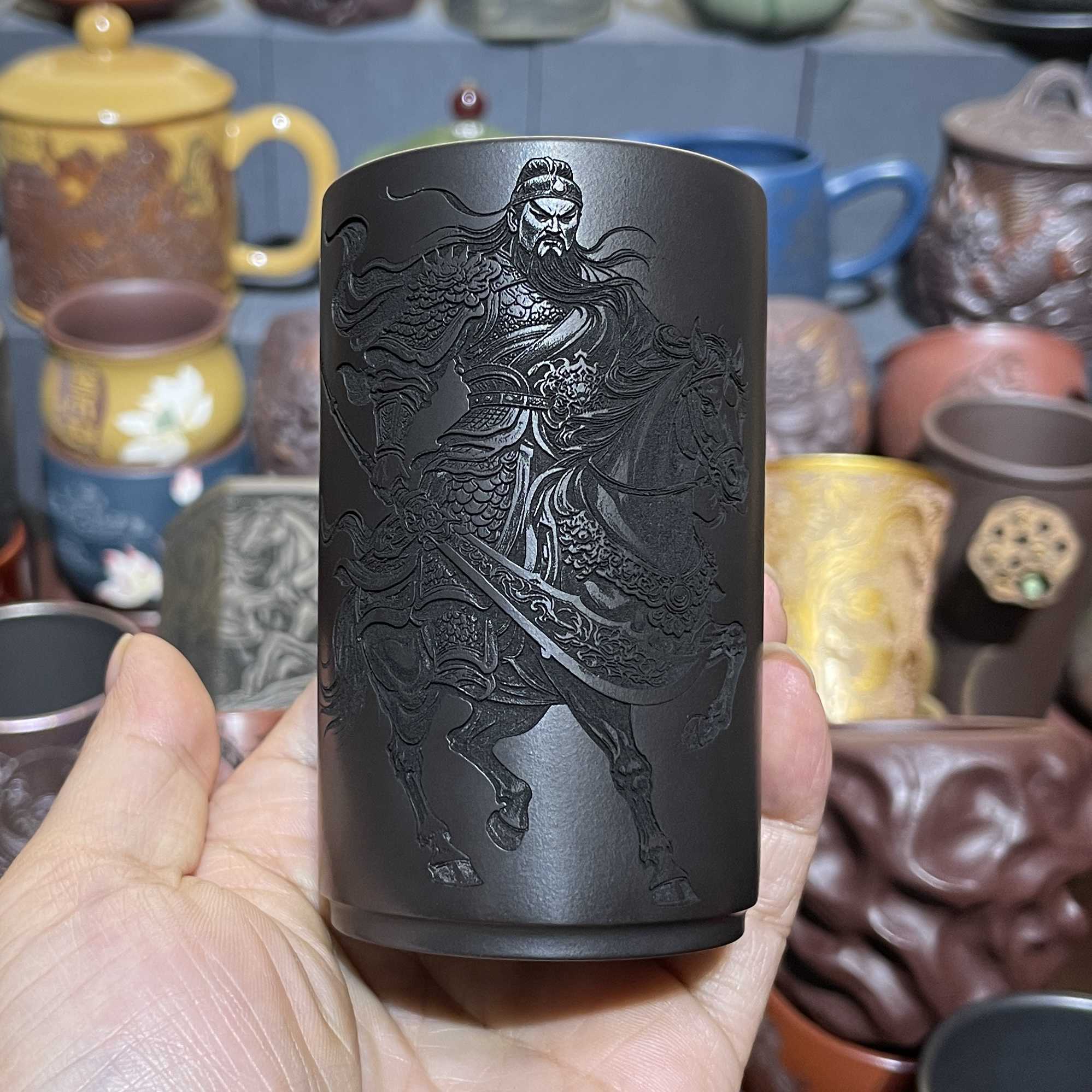 宜兴原矿紫砂石黄刻绘关公主人杯180CC纯手工关羽直筒茶杯大容量