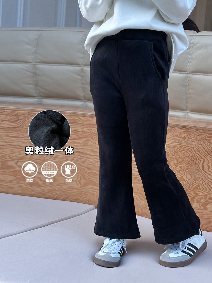 拉萨发货 女童裤子冬儿童韩版加厚加绒百搭黑修身时尚复古喇叭裤