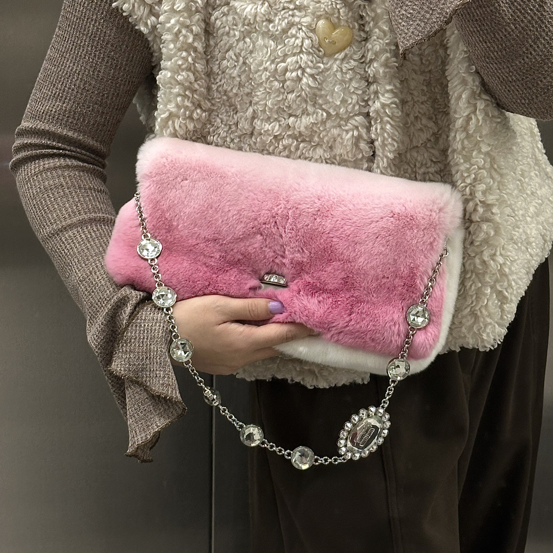 95新 MIU MIU/缪缪 miumiu渐变粉宝石链单肩包