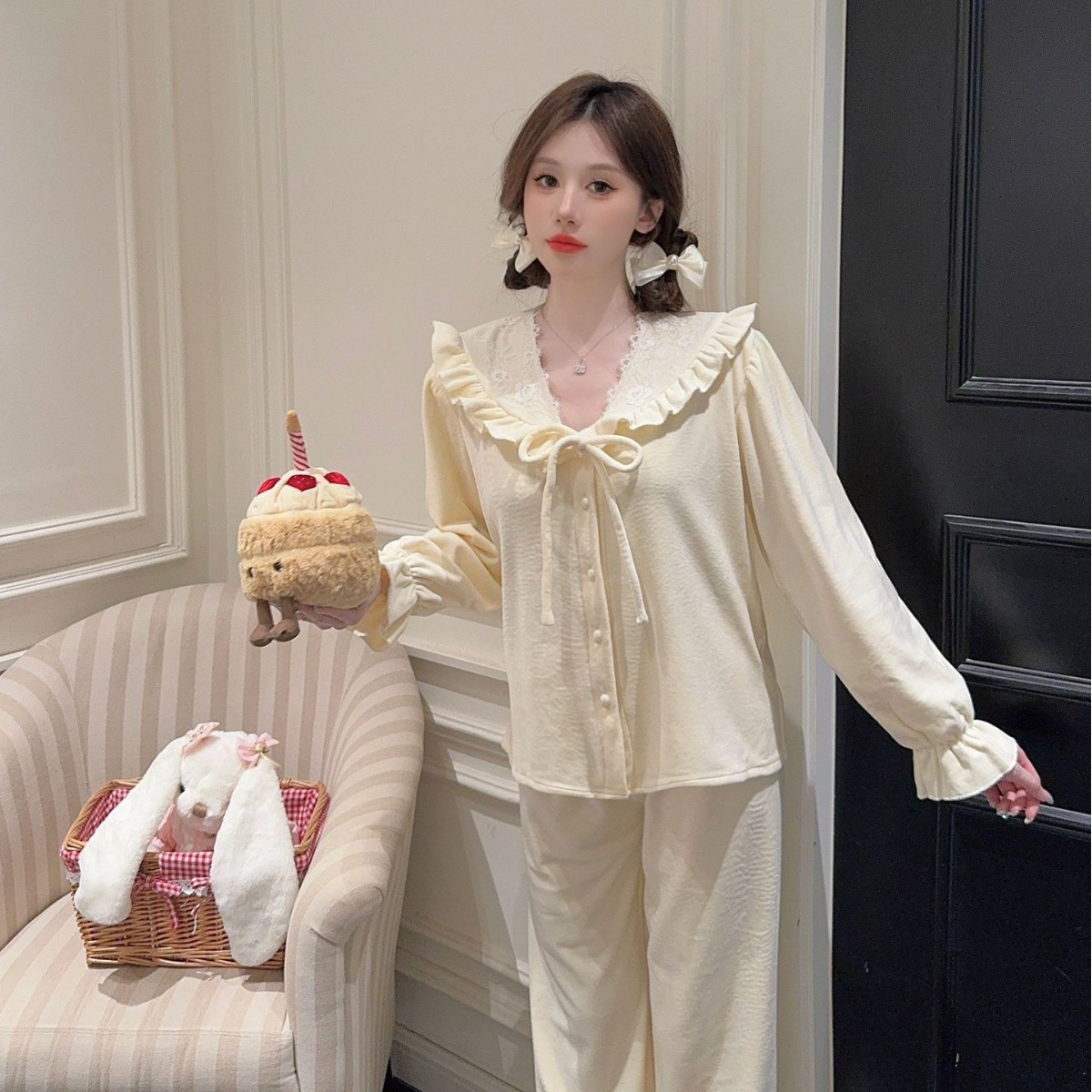 【松木暖息】2025新款秋冬甜美少女ins长袖套装双面绒加厚家居服