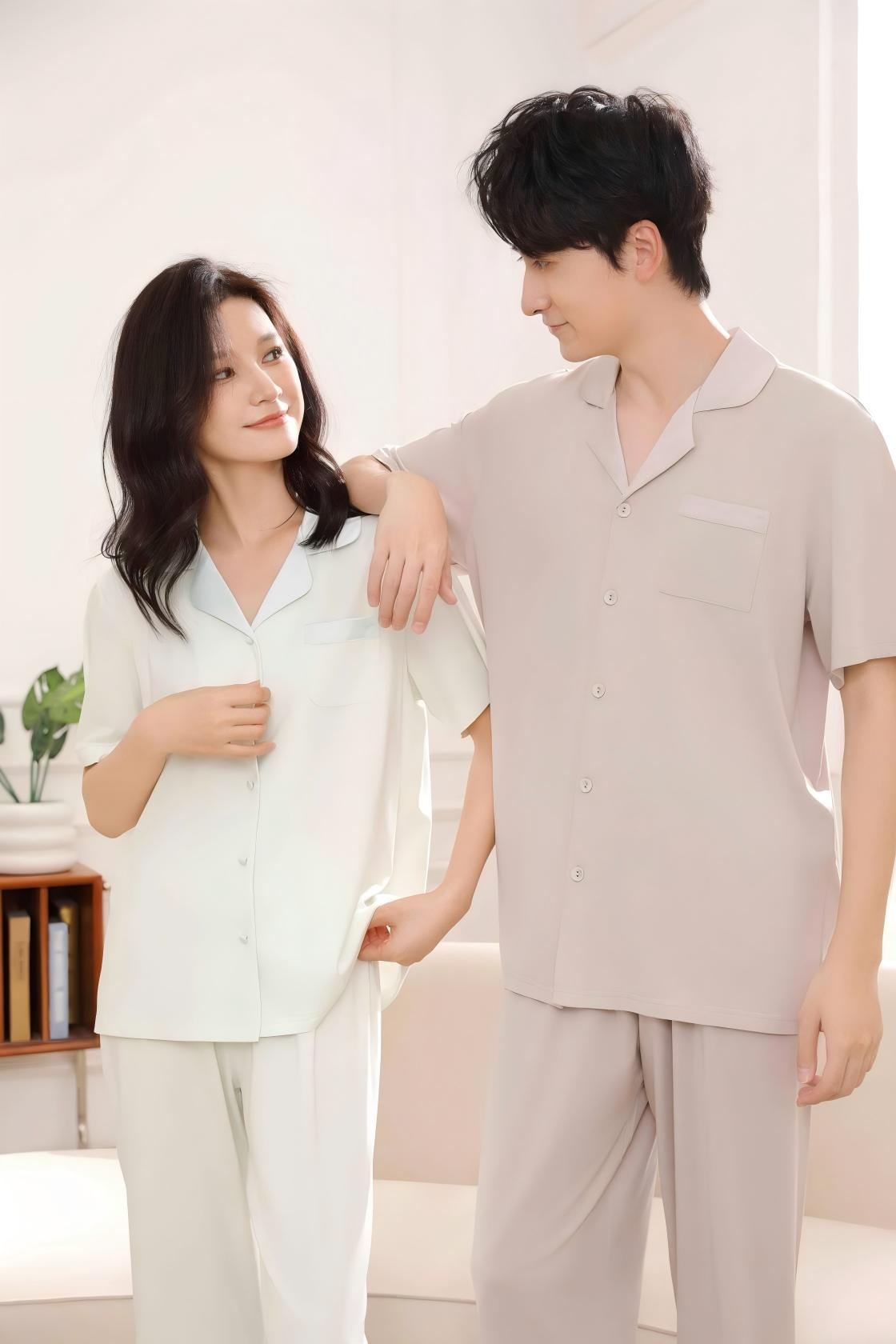 夏季情侣日系睡衣套装时尚凉感男女同款薄款休闲睡衣