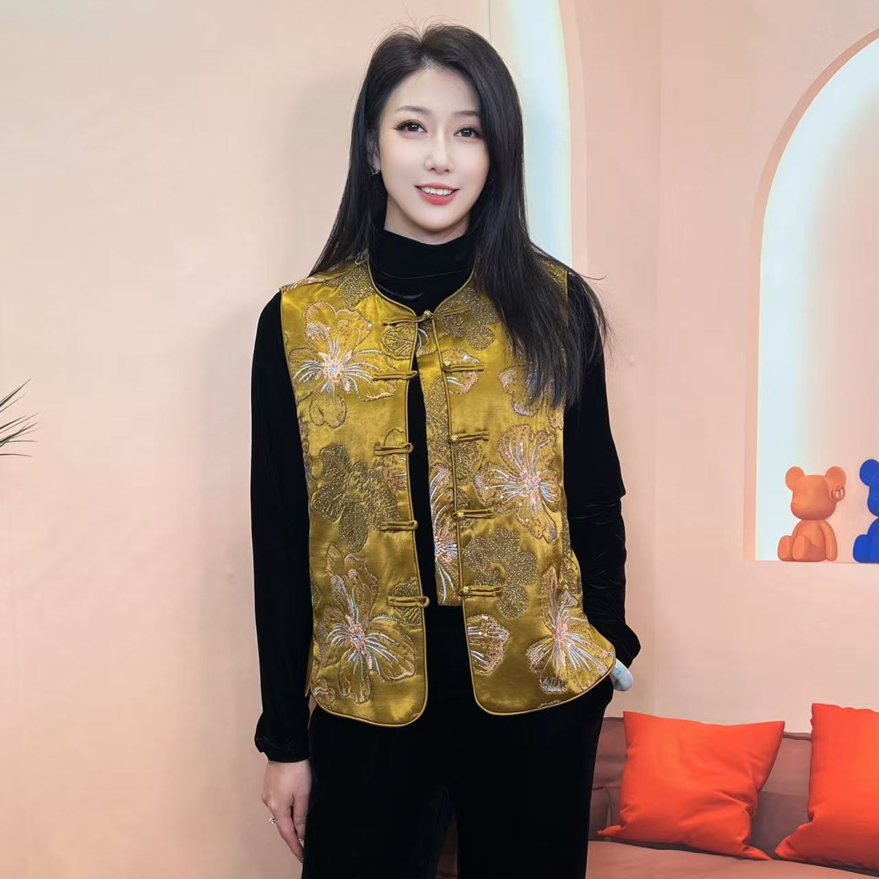 提花百搭挂脖款圆领薄款网红马甲拼接马夹时尚秋冬