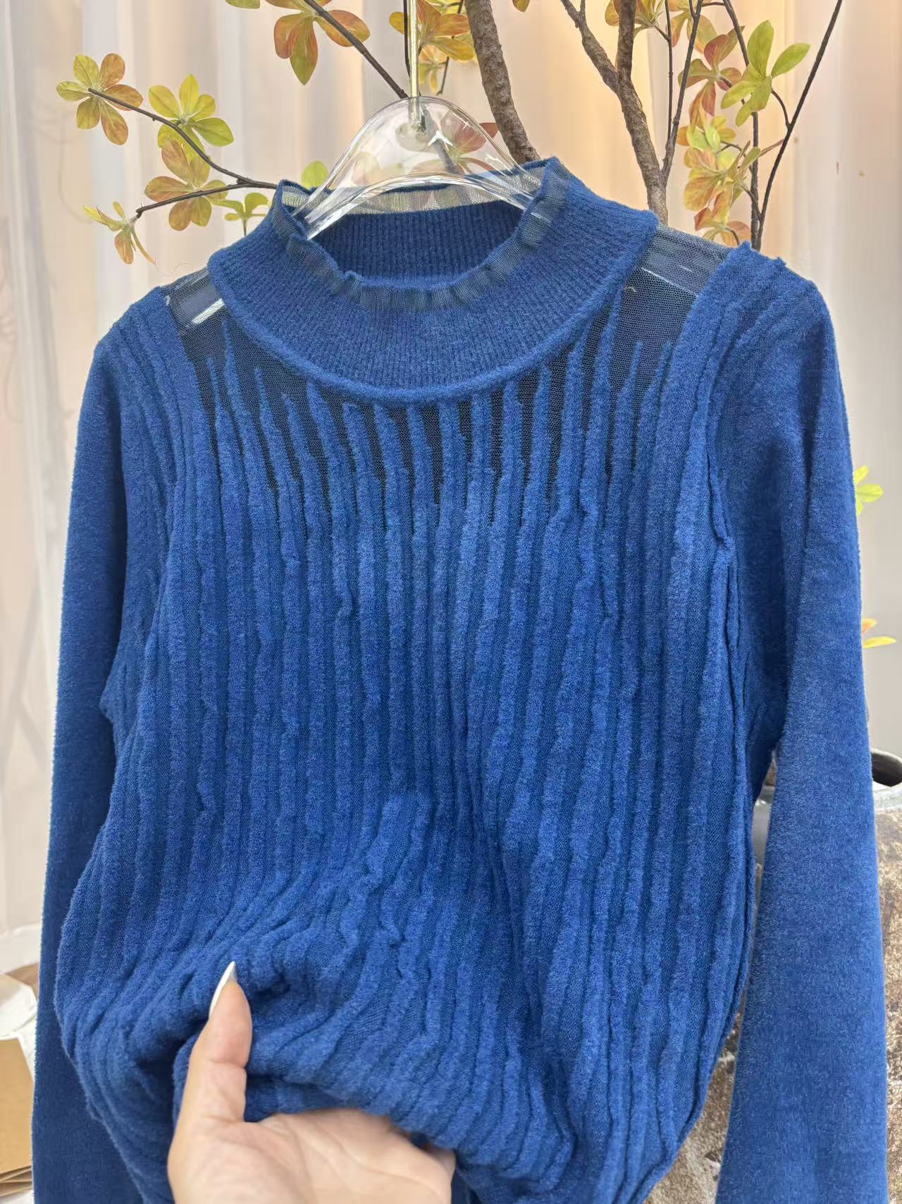 （玉姐家）早秋新款修身弹力显瘦木耳条圆领上衣f1624 J02389