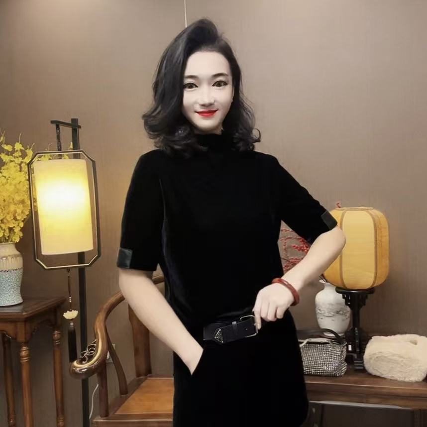 【峰姐优品】1182【NY】福利款高品密丝绒袖皮边中袖小衫