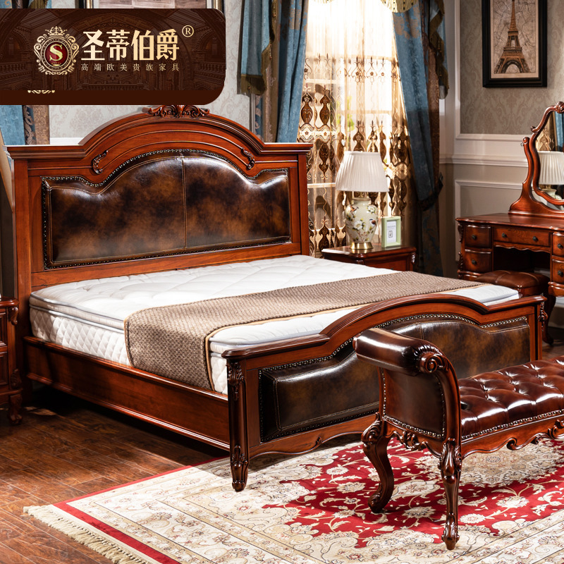 欧式皮床主卧家具豪华别墅高端大床美式乡村全实木床1米8双人床