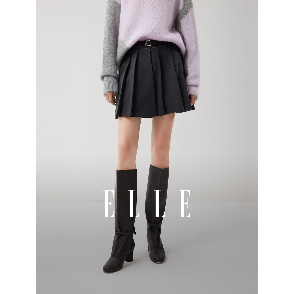 ELLE女装学院风高腰百褶半身裙2025冬新款小个子腰带短裙ER52646