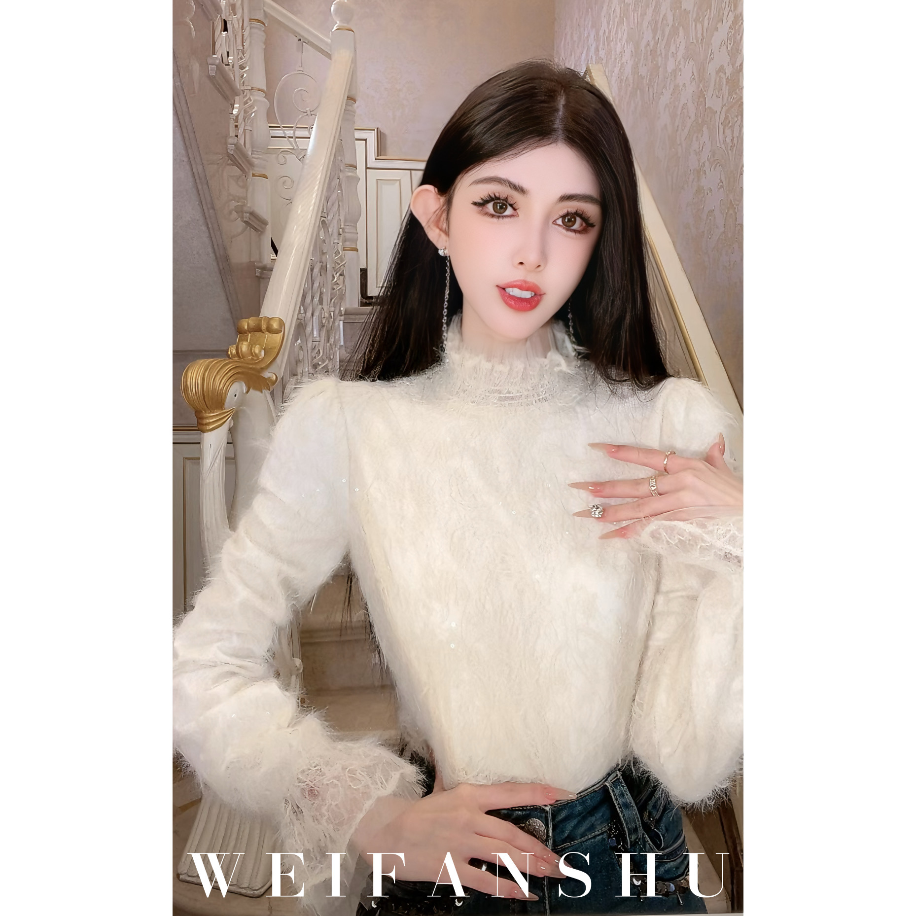 WEIFANSHU/魏凡舒【白玉珊瑚】早春新款白色法式气质设计感毛绒上衣