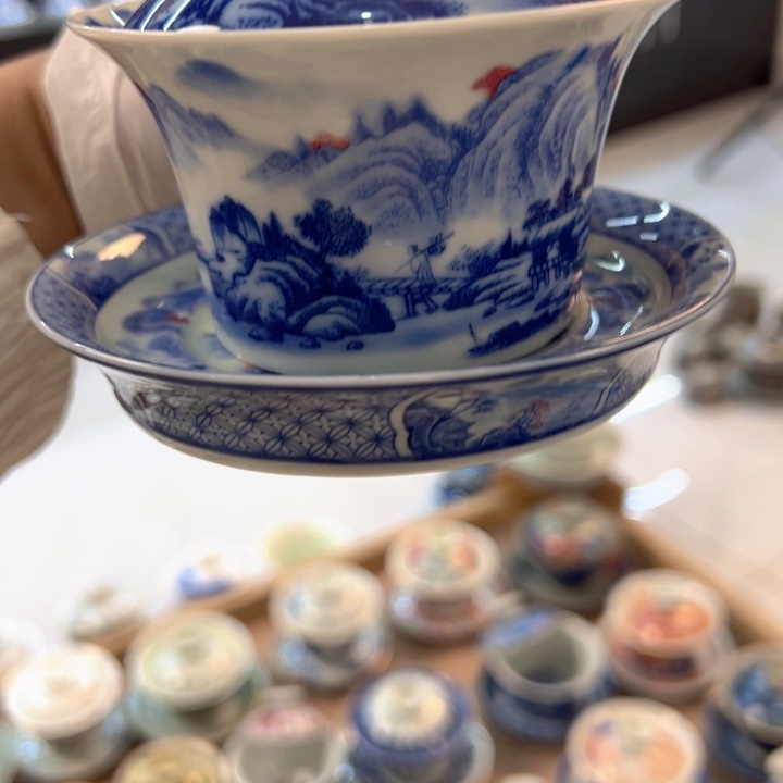 瓷片白青花富春山居图马蹄盖碗全品