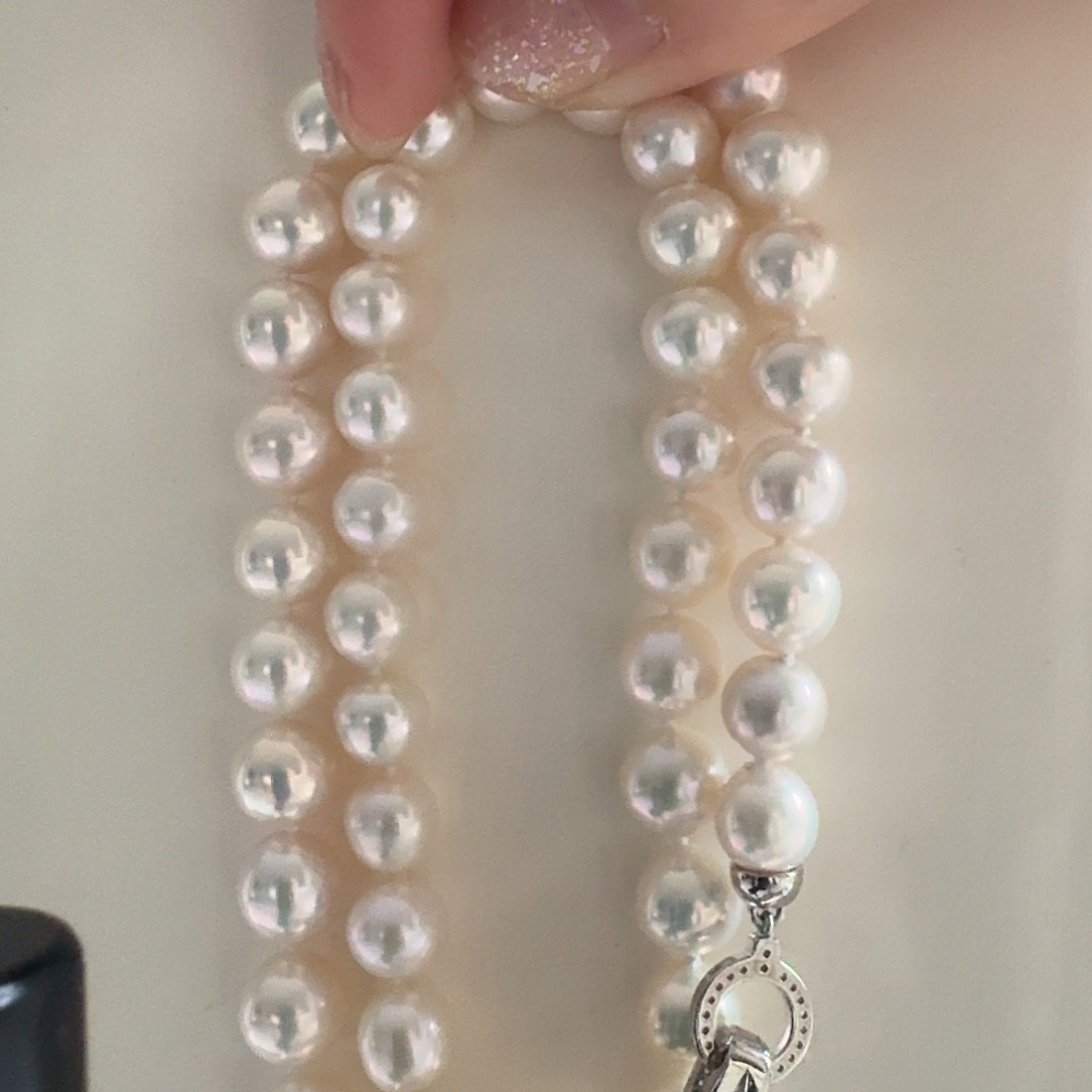 淡水珍珠颈饰银S925镶嵌木**?8-9mm无核满珠链