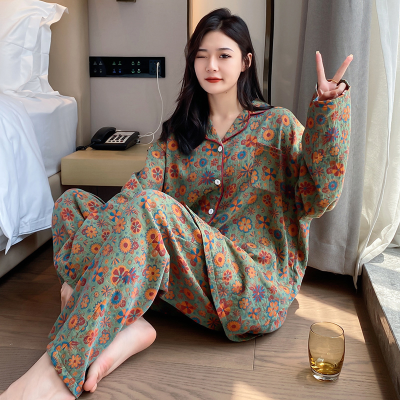 大码睡衣女春秋家居服套装胖m200-250斤纯棉印花长袖长裤宽松睡衣