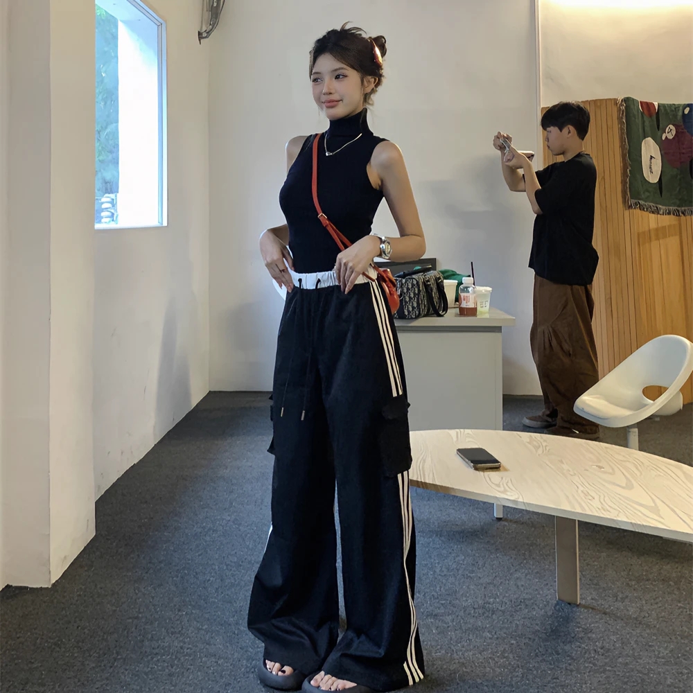 美式辣妹工装裤女夏季薄款宽松休闲运动裤直筒阔腿裤黑色拖地裤子
