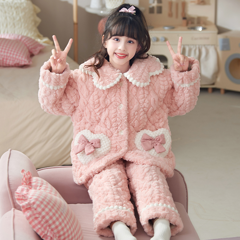 三昌女童睡衣秋冬季三层夹棉加厚珊瑚绒女孩保暖家居服两件套