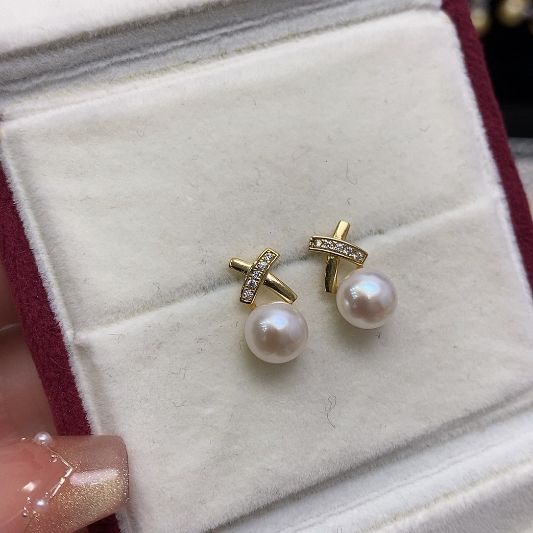 淡水珍珠耳饰银S925镶嵌7-8极光无瑕