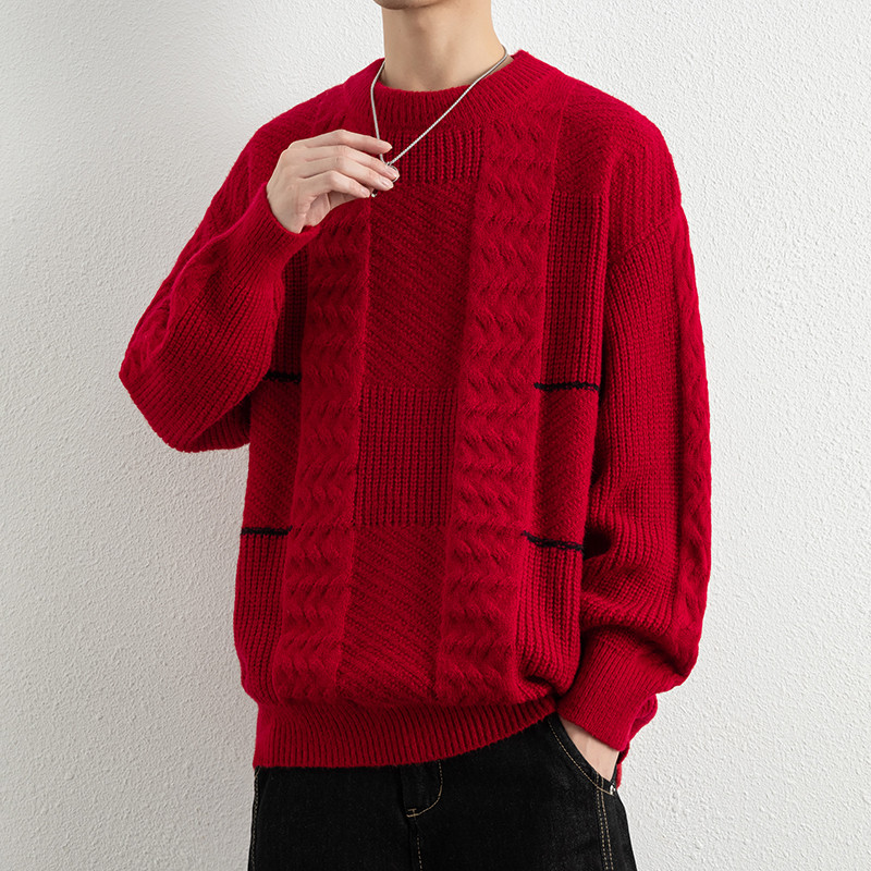 【新款】2025秋冬季时尚提花毛衣男士宽松圆领套头针织衫WE25629