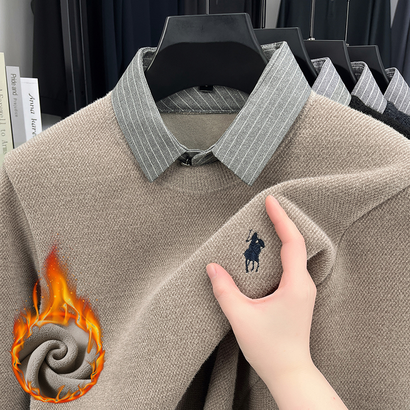 加绒加厚中年男士假两件毛衣冬装一体绒衬衫领保暖上衣