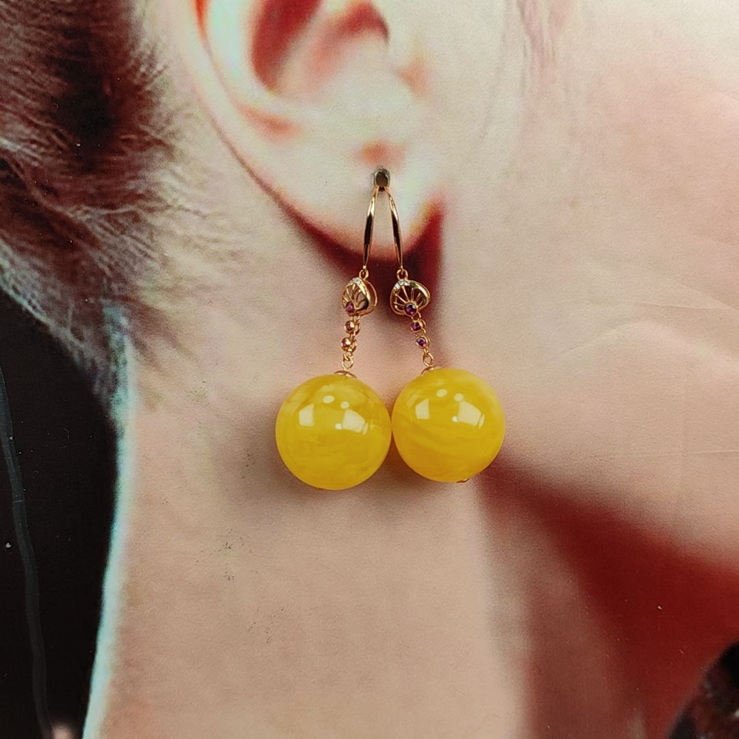 蜜蜡耳饰18K金镶嵌耳环I8k金