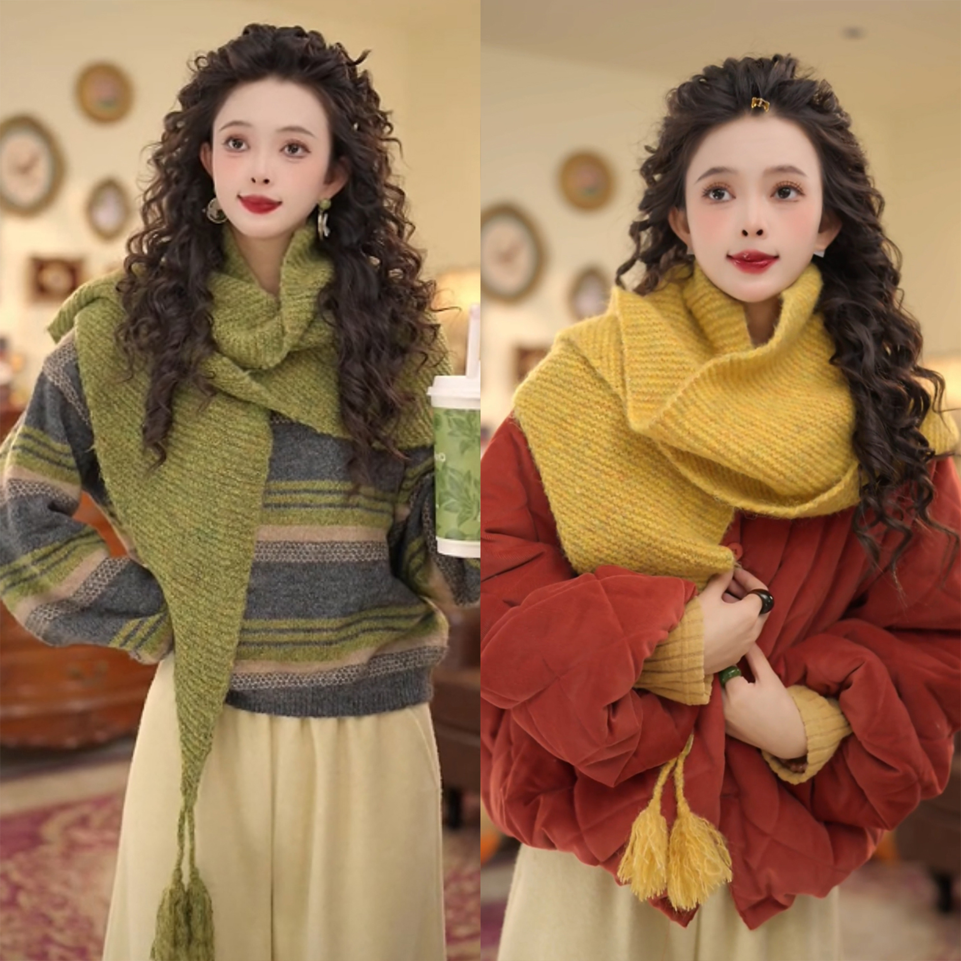 扣子家港风复古小众纯色冬季保暖百搭针织披肩围巾KC1989627