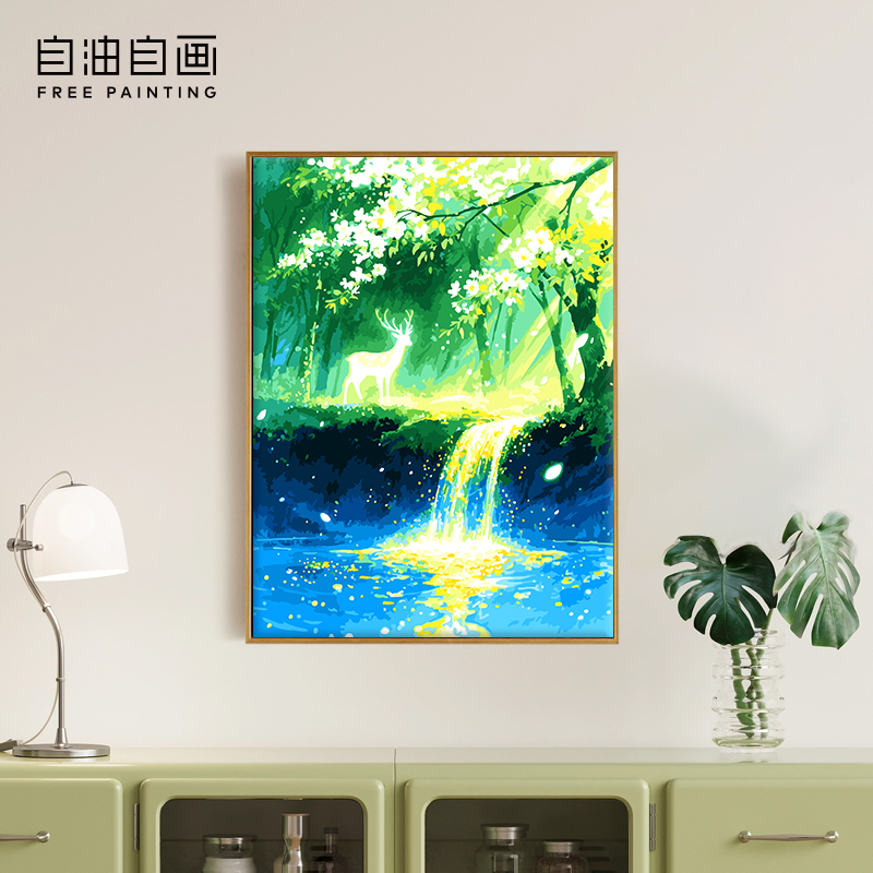 数字油画diy书房手工填色解压丙烯画动物风景客厅装饰画林深见鹿 