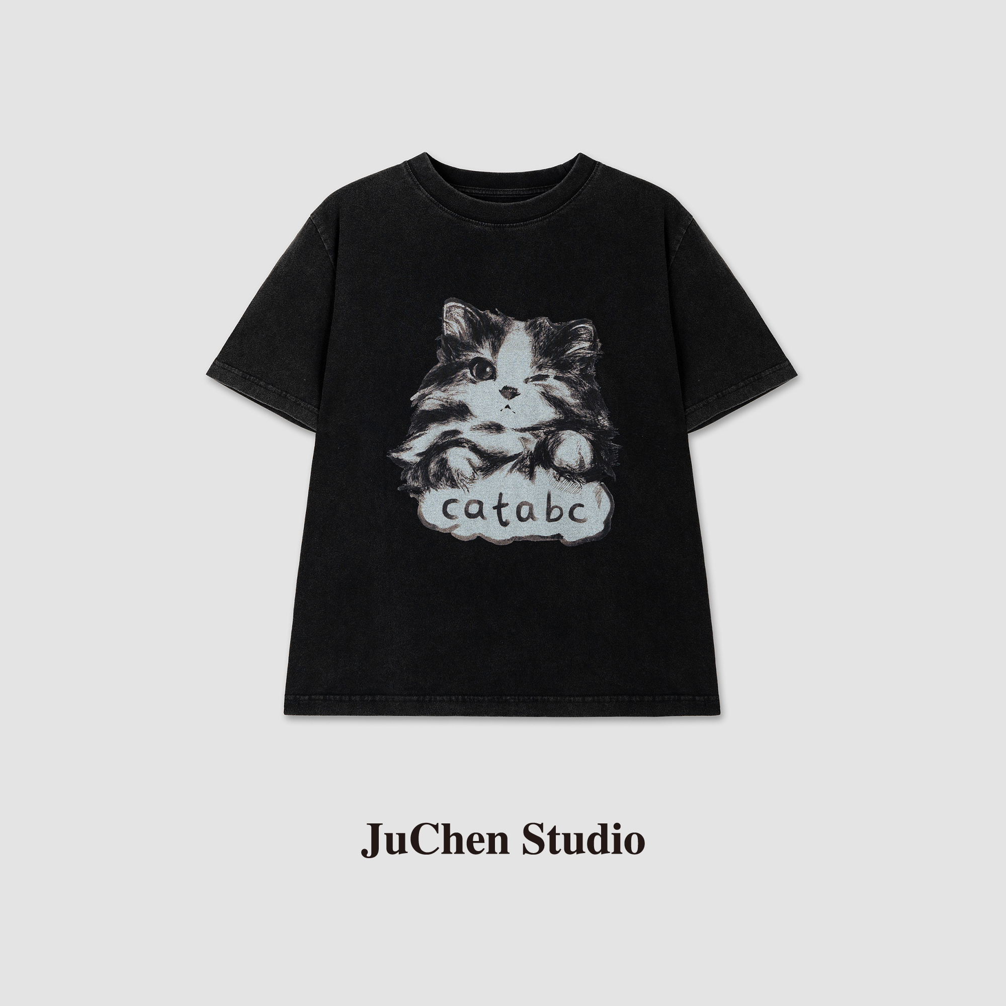 Wink小猫印花美式水洗棉夏季宽松短袖T恤 SS103050-16