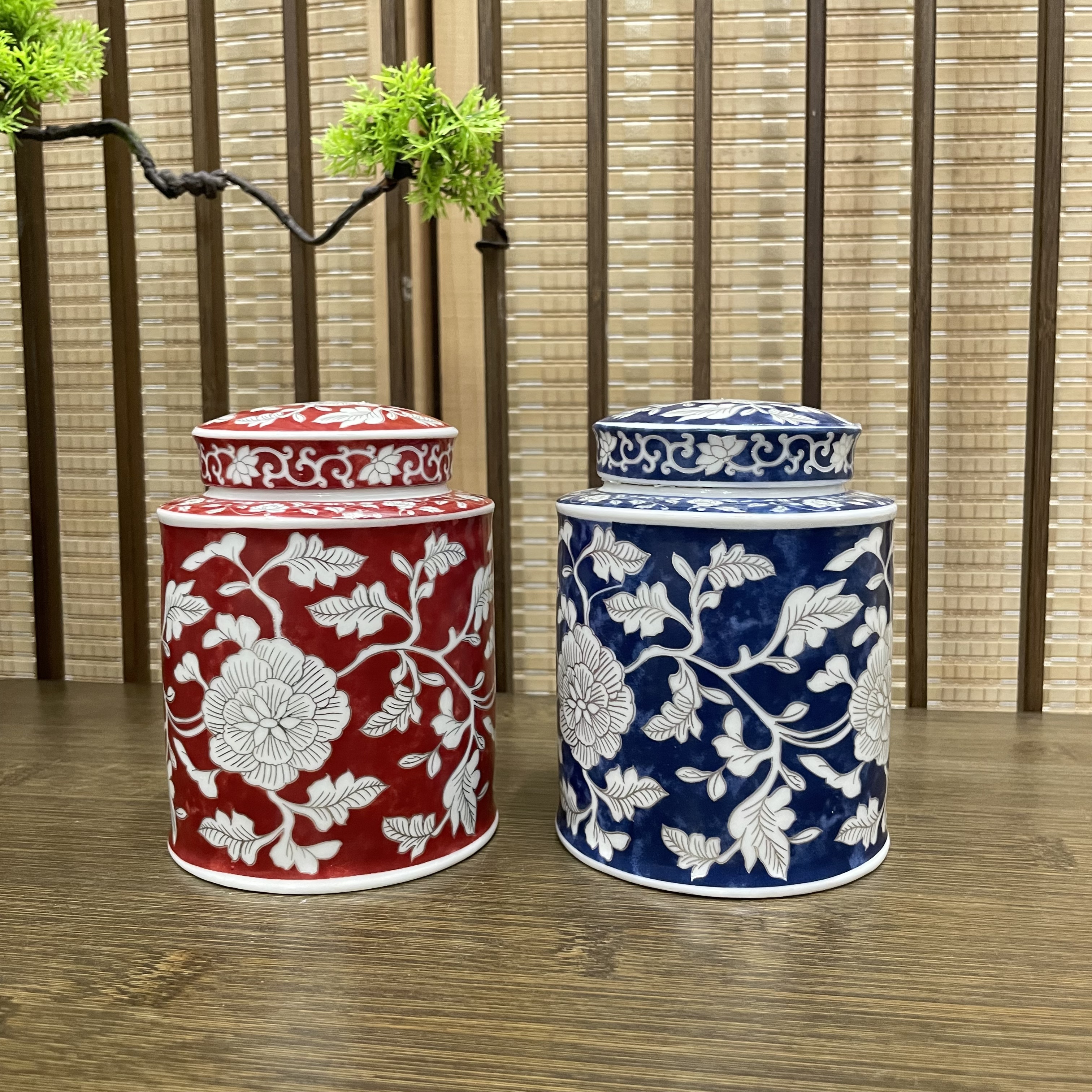 33【闪购商品】元青花缠枝莲红蓝茶叶罐两个家用存茶雅器茶罐ZHZ939