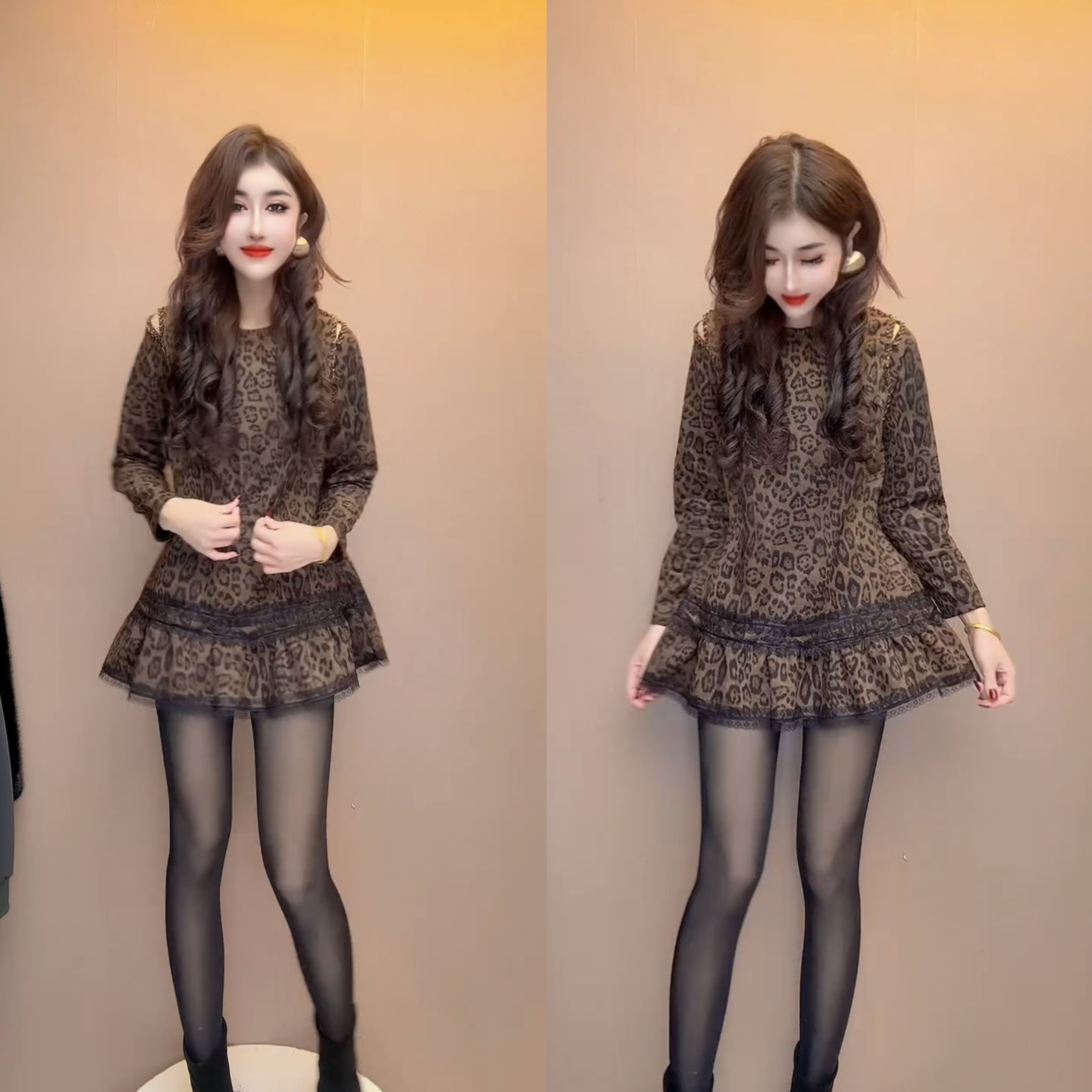 秋冬款半高领长袖拼接显瘦洋气中长款连衣裙女