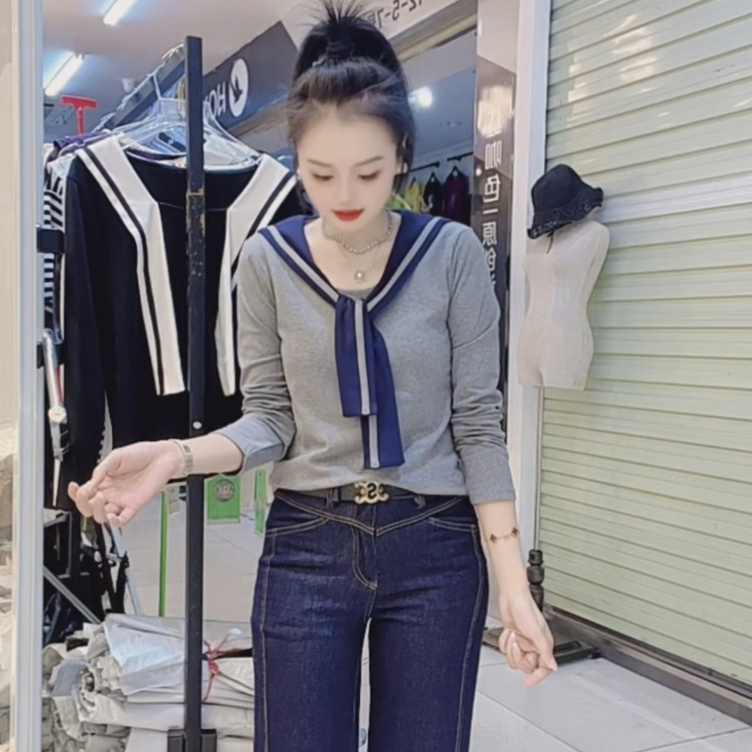 【小玉】新款时尚网红海军领披肩设计感百搭显瘦遮肉上衣