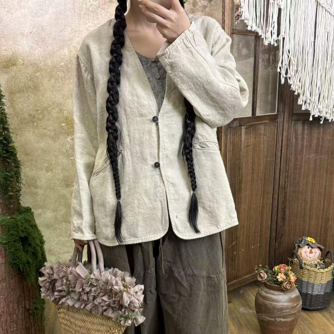 秋季复古百搭休闲气质老钱风亚麻外套