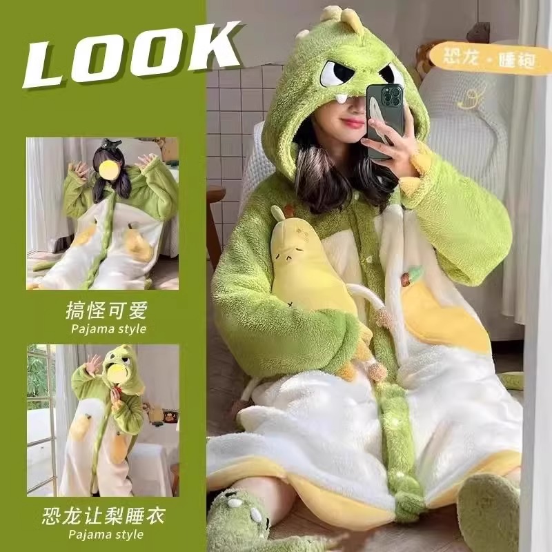 卡通恐龙珊瑚绒睡衣女2025年新款冬季睡袍长款网红加绒加厚家居服
