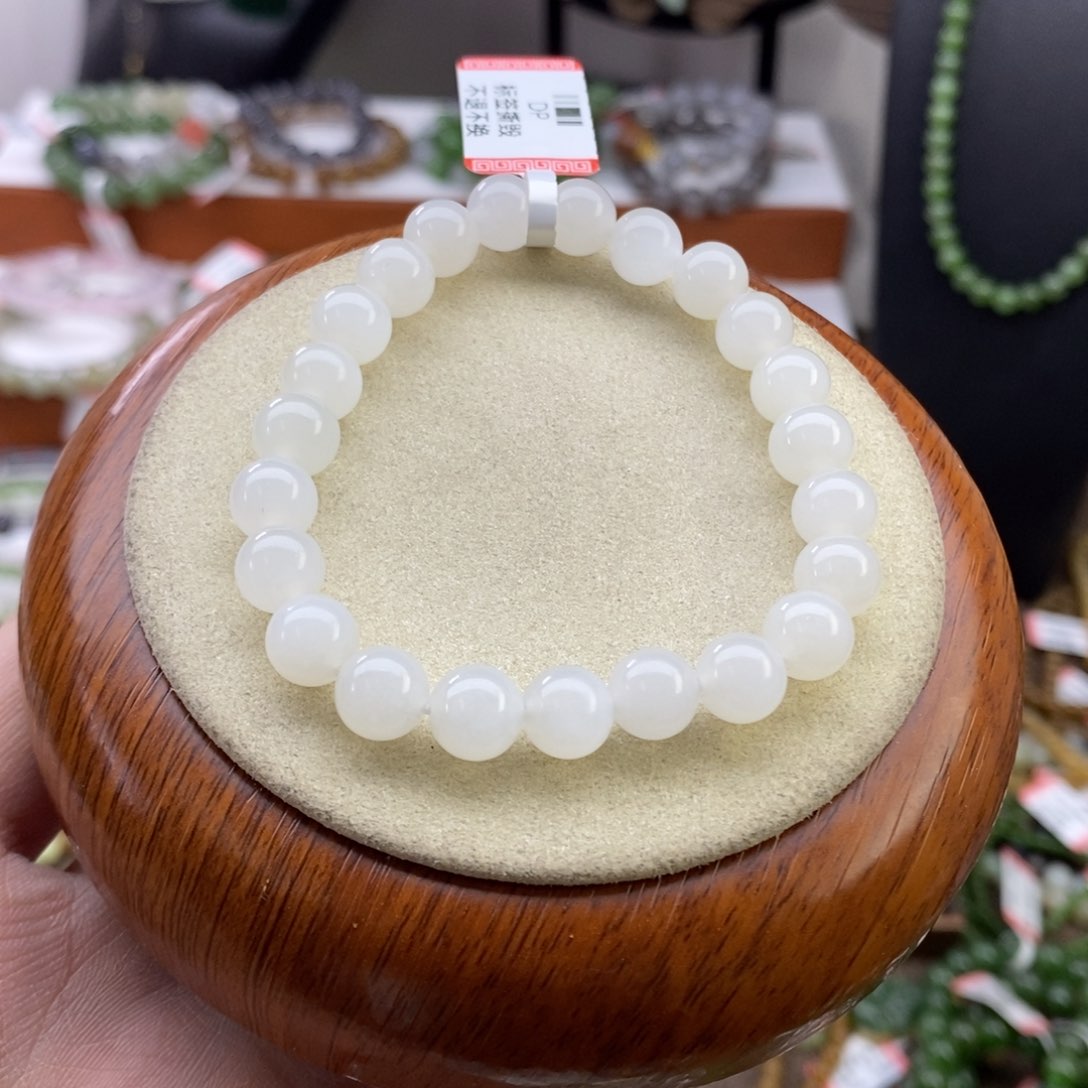 和田玉手串未镶嵌羊脂白卡8