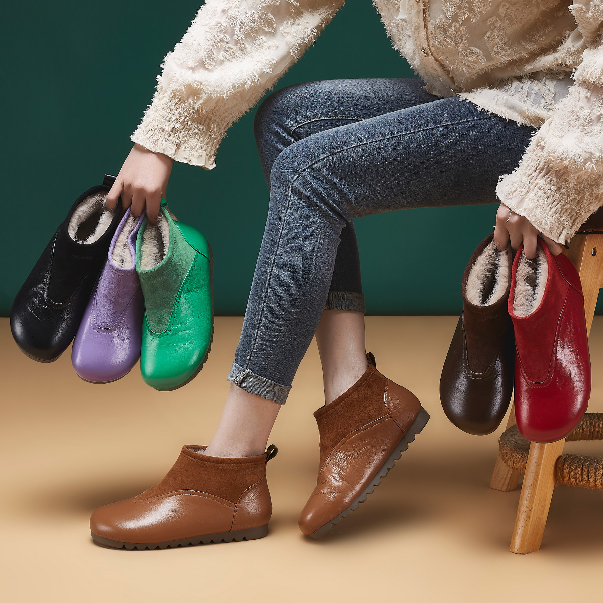 Oulisasi女雪地靴2025羊毛保暖加棉加厚防滑耐磨女款棉鞋