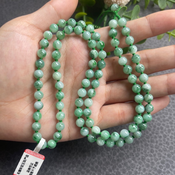 缅甸A货翡翠细糯满绿飘花经典圆珠6mm纯手工编织玉牌项链绳60厘米
