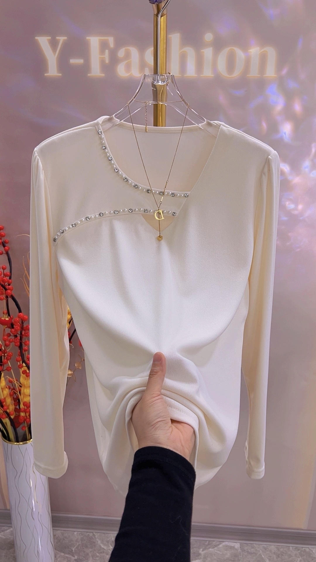 2025年新款2315双面磨毛不规则领口钉珠钉钻大码女士长袖打底