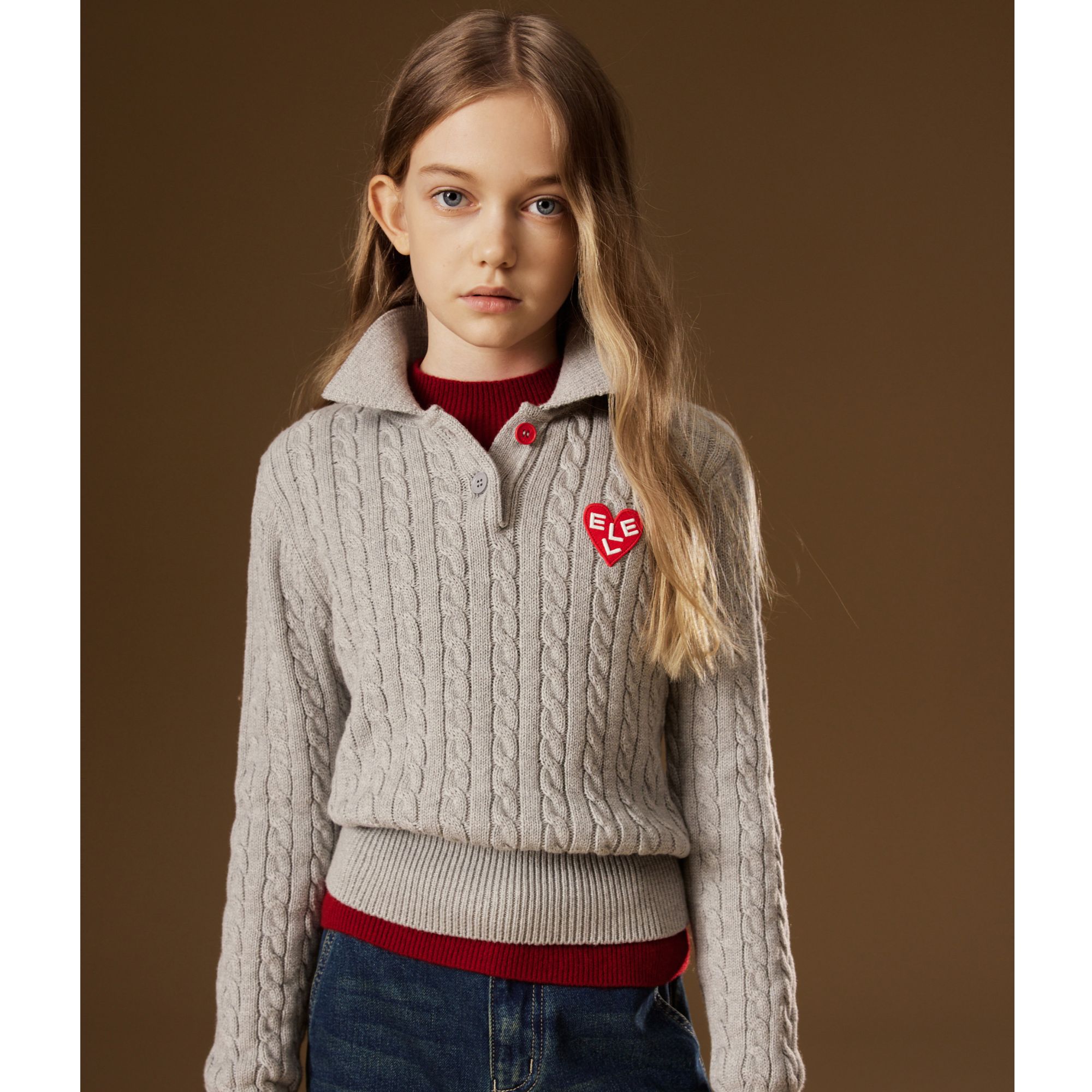 ELLE KIDS 童装学院绞花polo领套头毛衣N2
